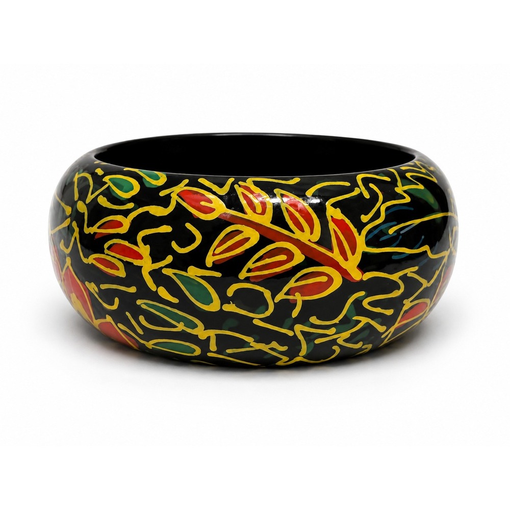 Vintage Hand Painted‎ Wooden Bangle Bracelet Black Floral Folk Art Wide Boho